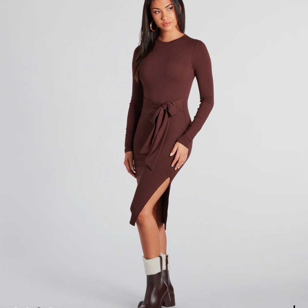 New Windsor Stylish Staple Tie-Front Ribbed Knit Midi Dress